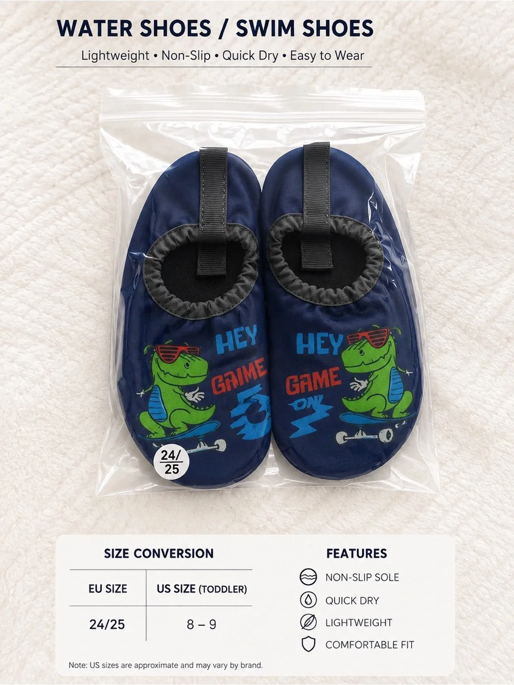 Kids Navy Blue Dino Water Shoes - Lightweight Non-Slip Swim Shoes